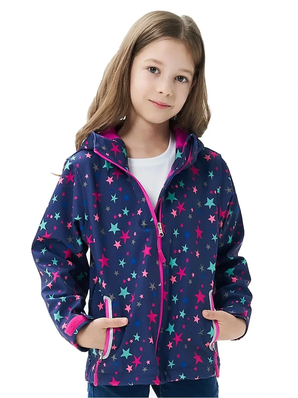 Girls' Navy‎ Star-Print Hooded Raincoat Jacket with Pink Lining 5T